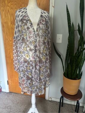Free People Sheer Floral Button-Front Kimono in Cream and Yellow